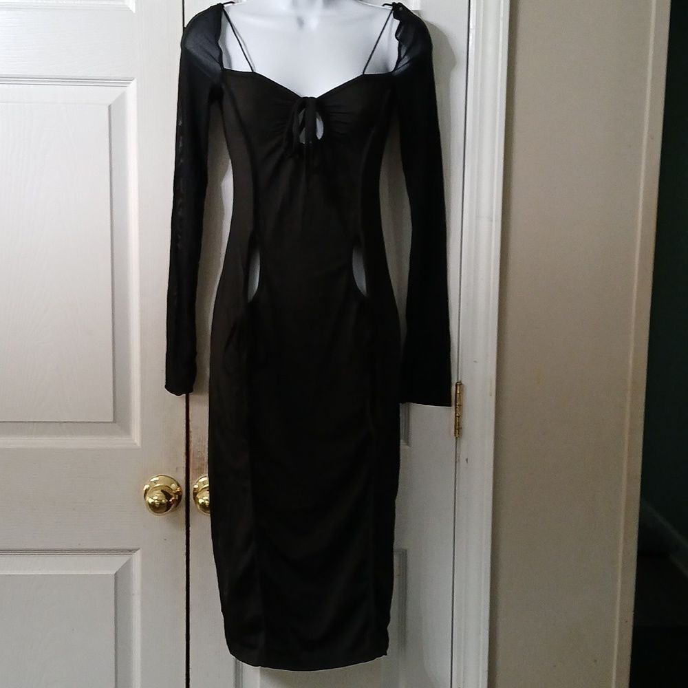 Black fitted sheer sleeve sexy night out black dress  peek holes at waist Sz M